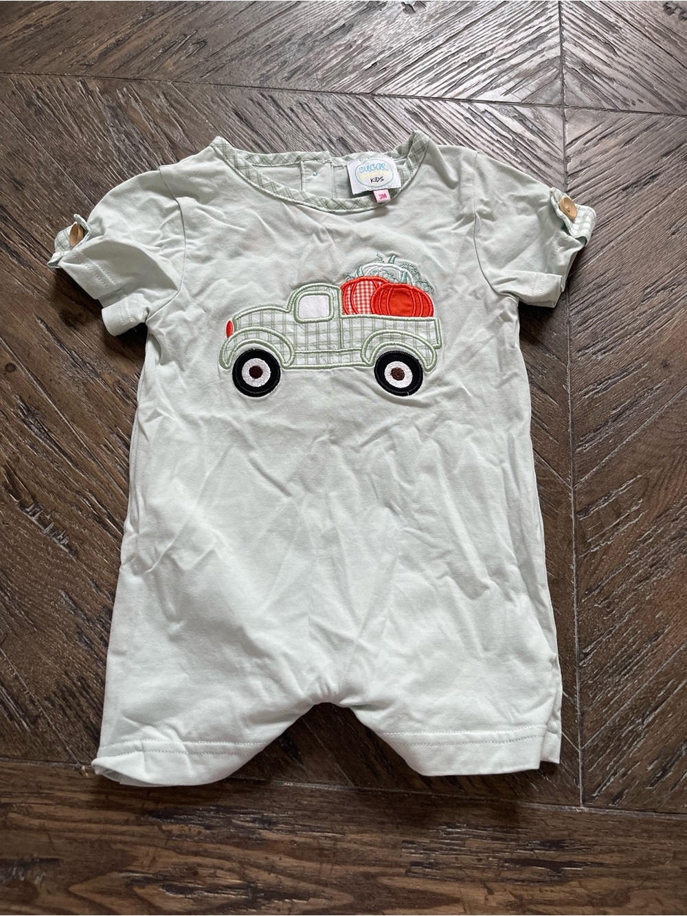 Sugar Dumplin Kids Green Short Sleeve Romper with Fall Truck Applique